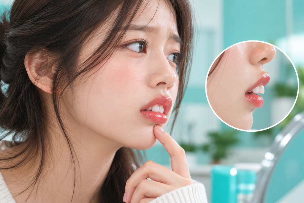 Young woman examining protruding front teeth before orthodontic treatment.