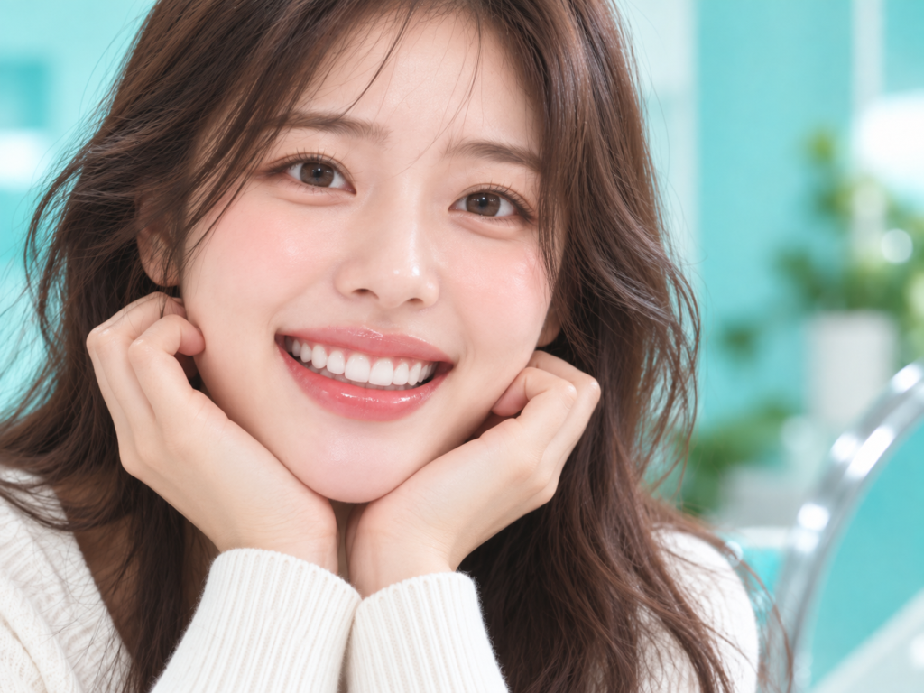 Smiling young woman showing straight teeth after braces treatment.
