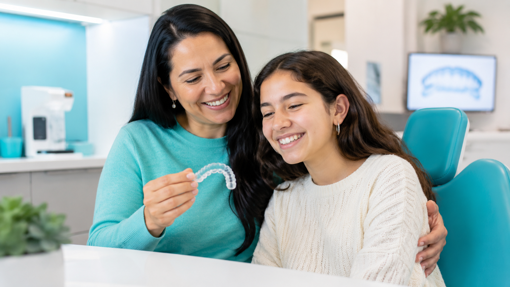 Mother and teen reviewing clear aligner treatment at an orthodontic office.