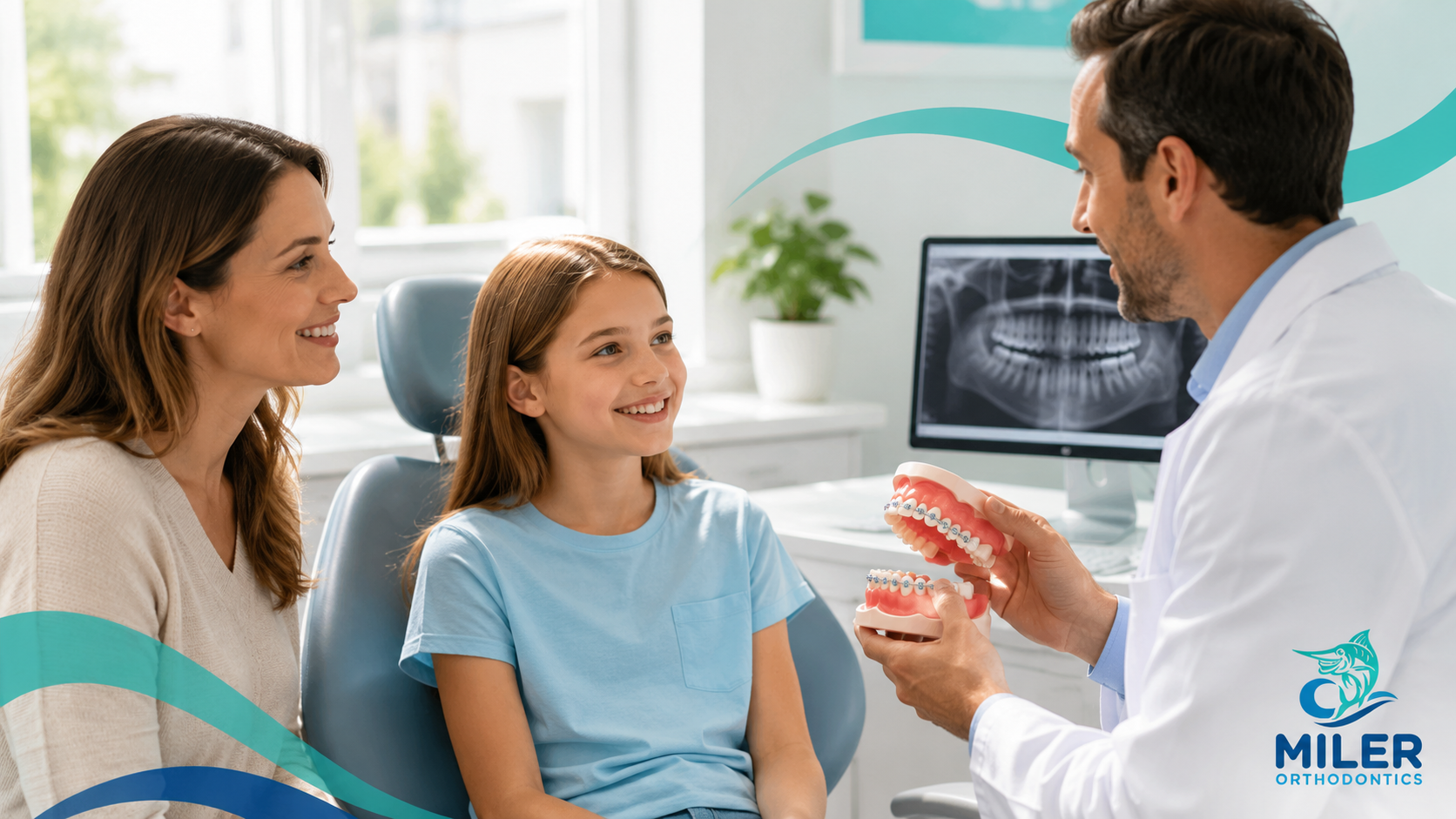 Child discusses braces with orthodontist during a parent consultation.
