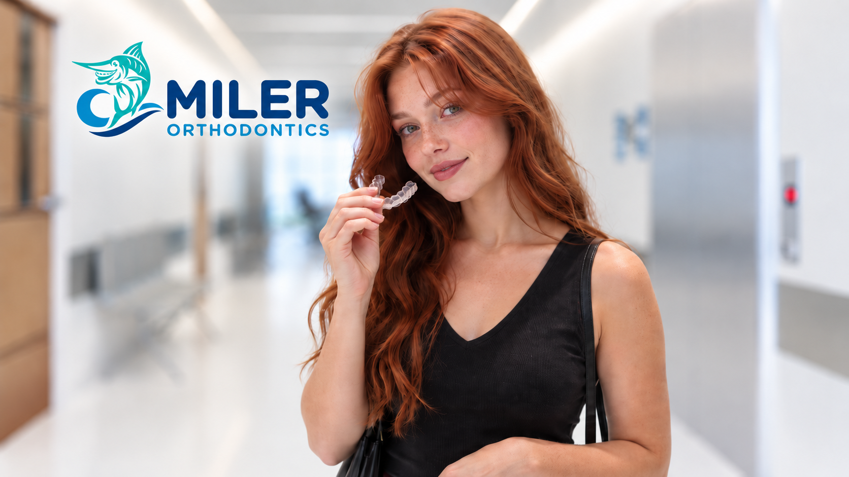 Red-haired woman holding a clear aligner inside a modern orthodontic office.