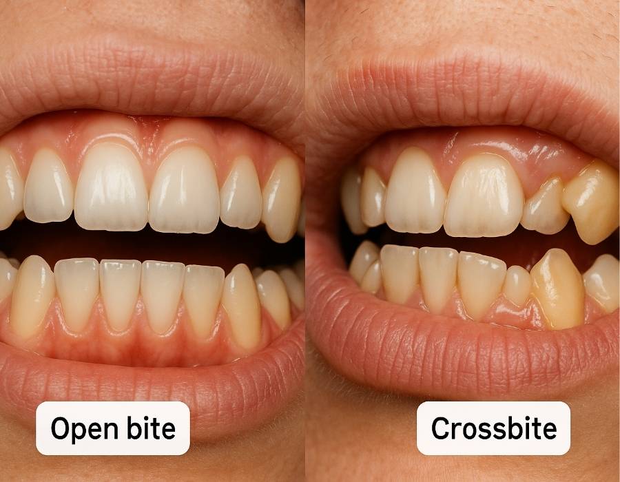 Side-by-side close-up comparison of open bite and crossbite teeth alignment issues, highlighting common orthodontic problems in dental care.