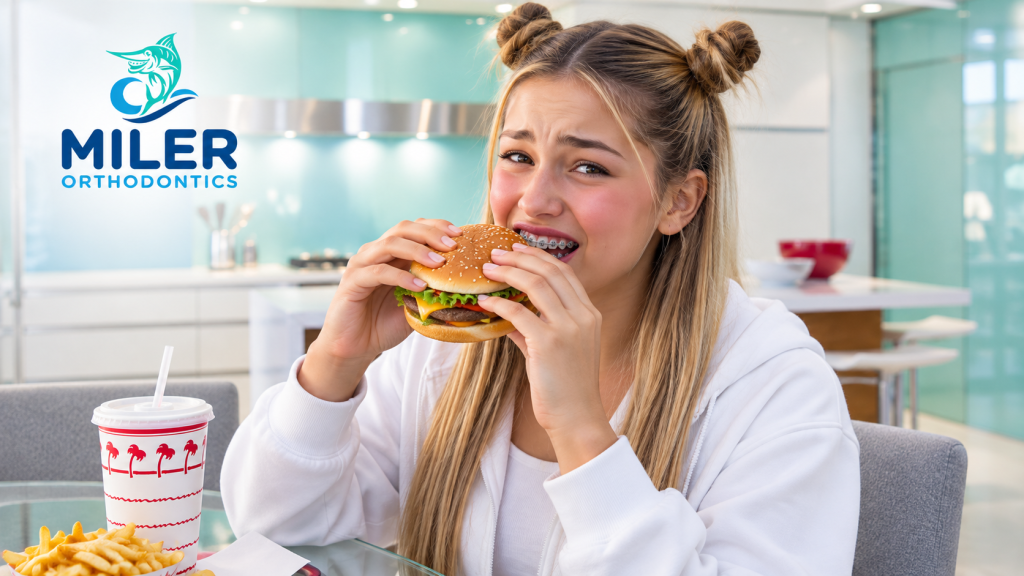 Teen with braces struggling to bite into a burger while wearing a white hoodie.