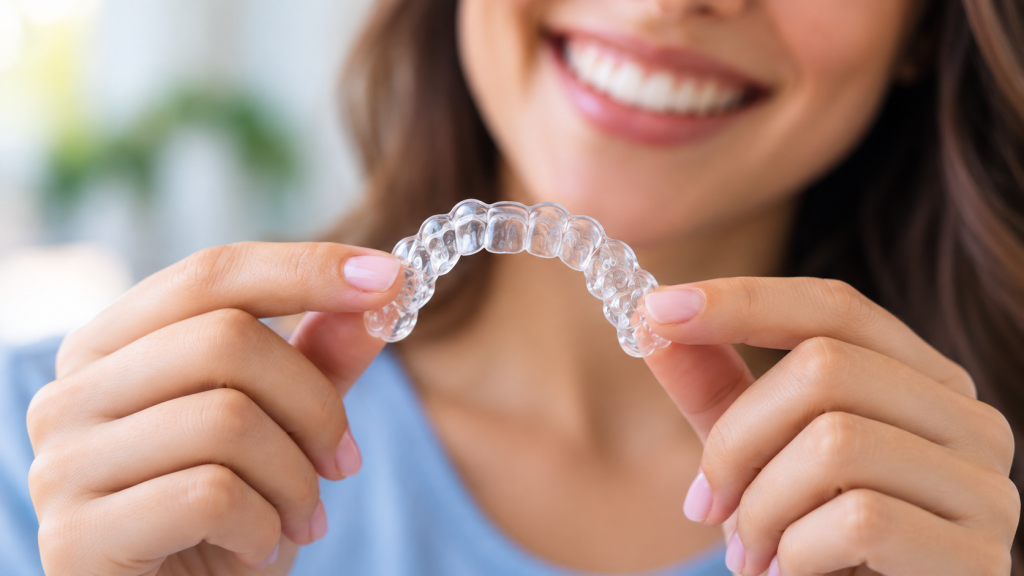 Smiling woman holding a clear aligner before starting orthodontic treatment.