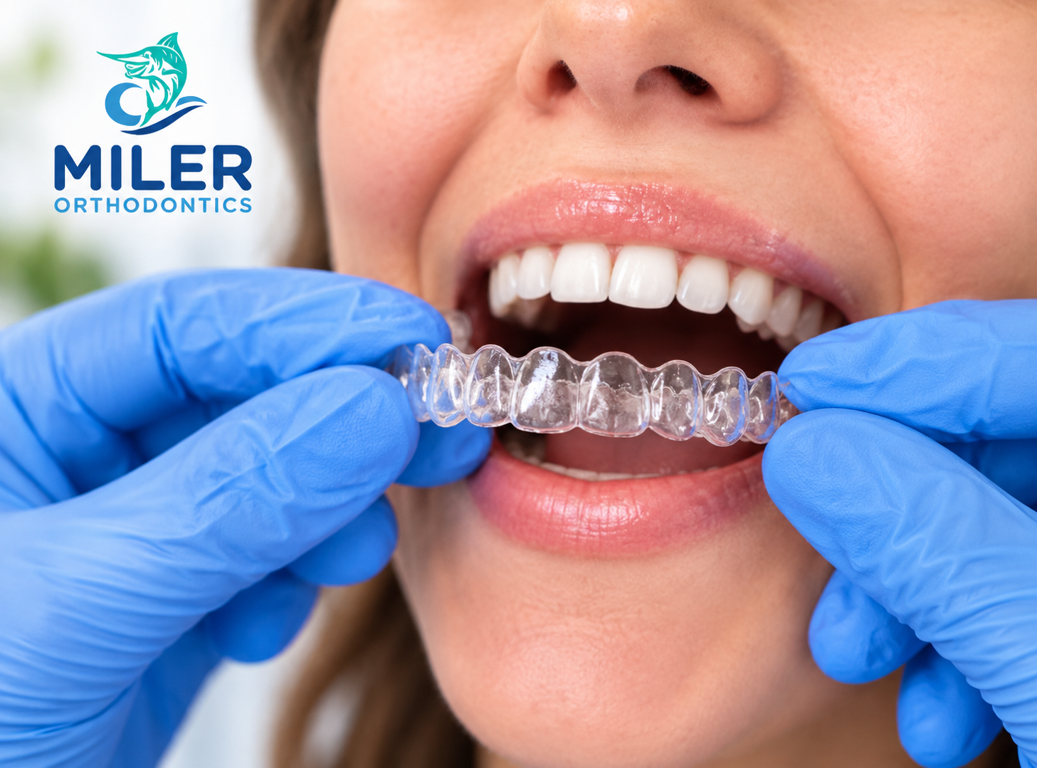 Orthodontic provider holding a clear aligner in front of a patient’s teeth.