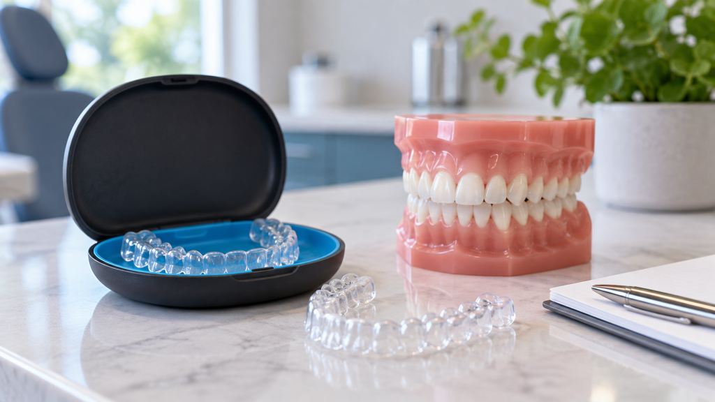 Clear aligners beside a dental model and case in an orthodontic clinic.