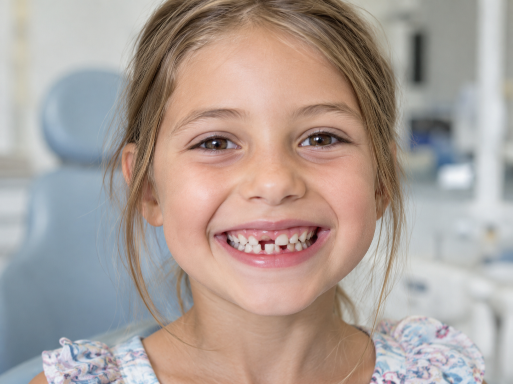 Seven-year-old child smiling with a mix of baby and permanent teeth.